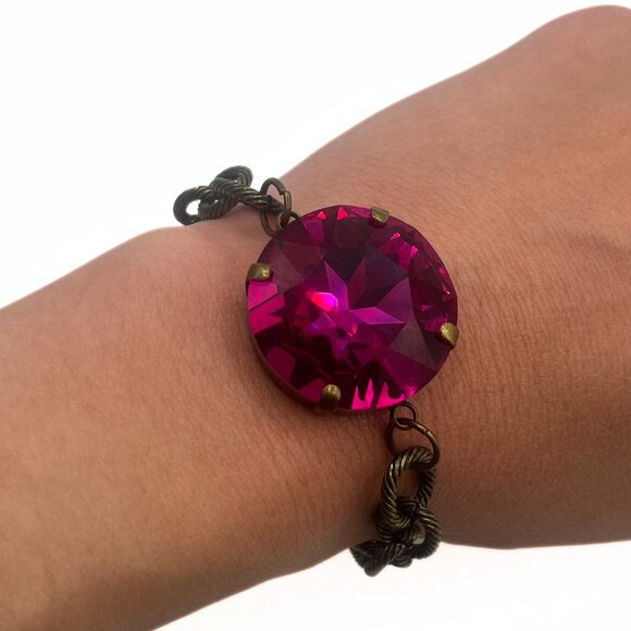 Jewelry - Handcrafted Large Fuchsia Swarovski Crystal Chunky Antique Gold Chain Bracelet
